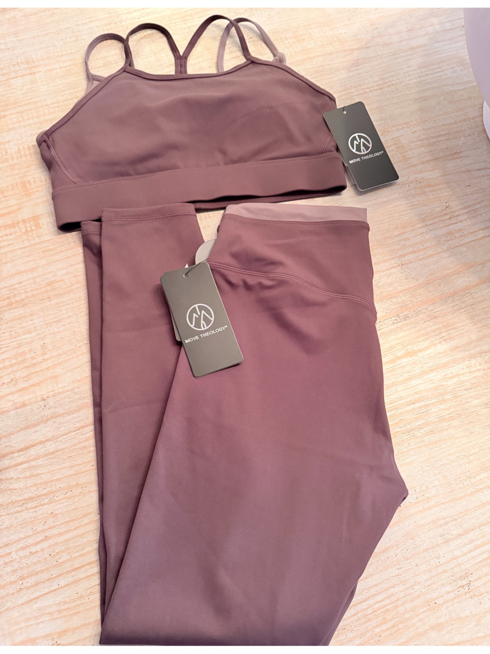 Move Theology High-Rise Leggings in Mauve and brown